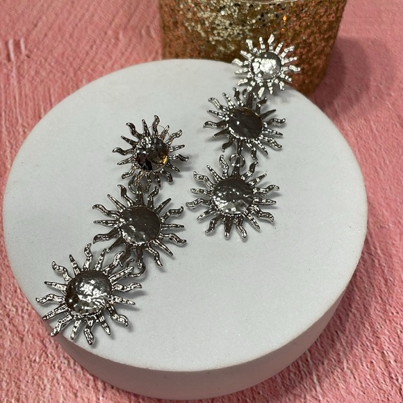 Silver Triple Sun Dangle Earrings - Picture 10 of 12